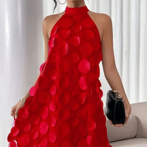 Halter Neck Circular Patch Dress (Color: RED)
